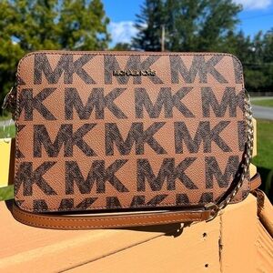 Michael Kors Signature MK East West Crossbody Bag Brown Logo Leather NWT